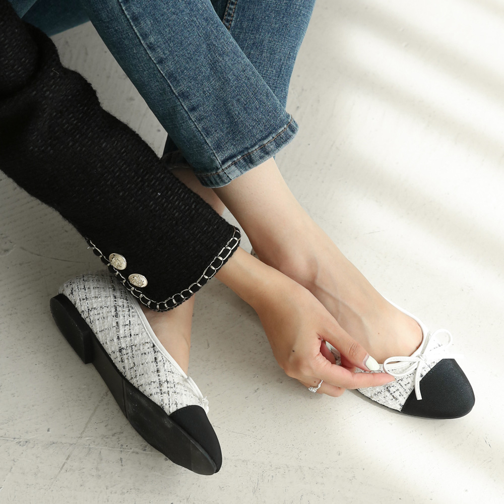 발편한 플랫슈즈 트위드 투톤 여성 리본플랫