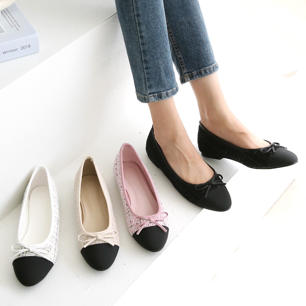 발편한 플랫슈즈 트위드 투톤 여성 리본플랫