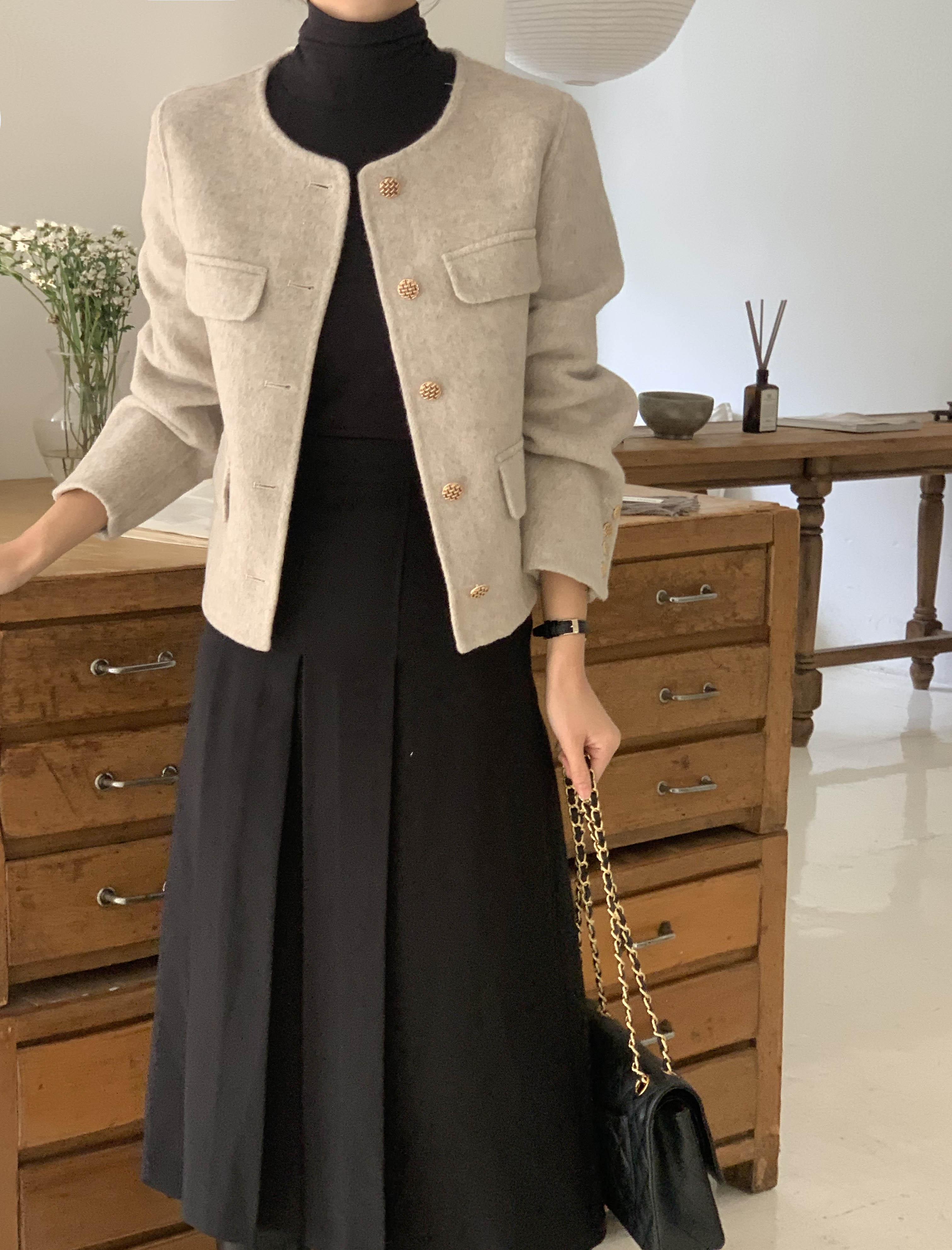 보에 금장 골드 단추 노카라 데일리룩 하객룩 핸드메이드코트 - 상세 이미지 2