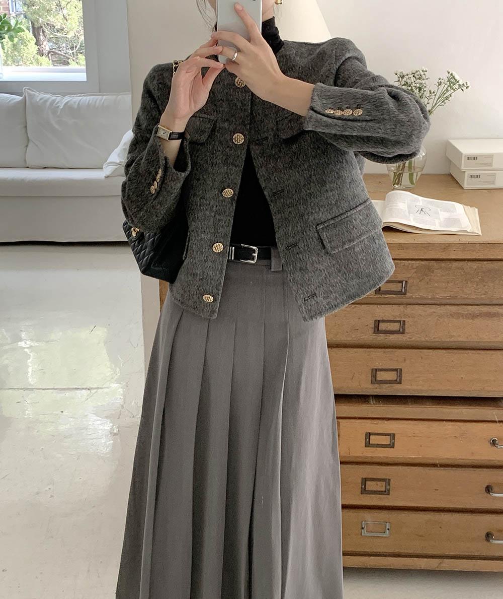 보에 금장 골드 단추 노카라 데일리룩 하객룩 핸드메이드코트