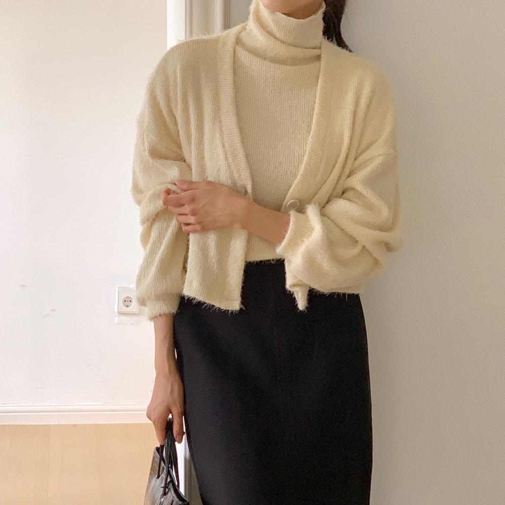 소프트 깃털 퍼 가디건 브이넥 가디건 여성 터틀넥 나시 가디건 세트 제품 이미지