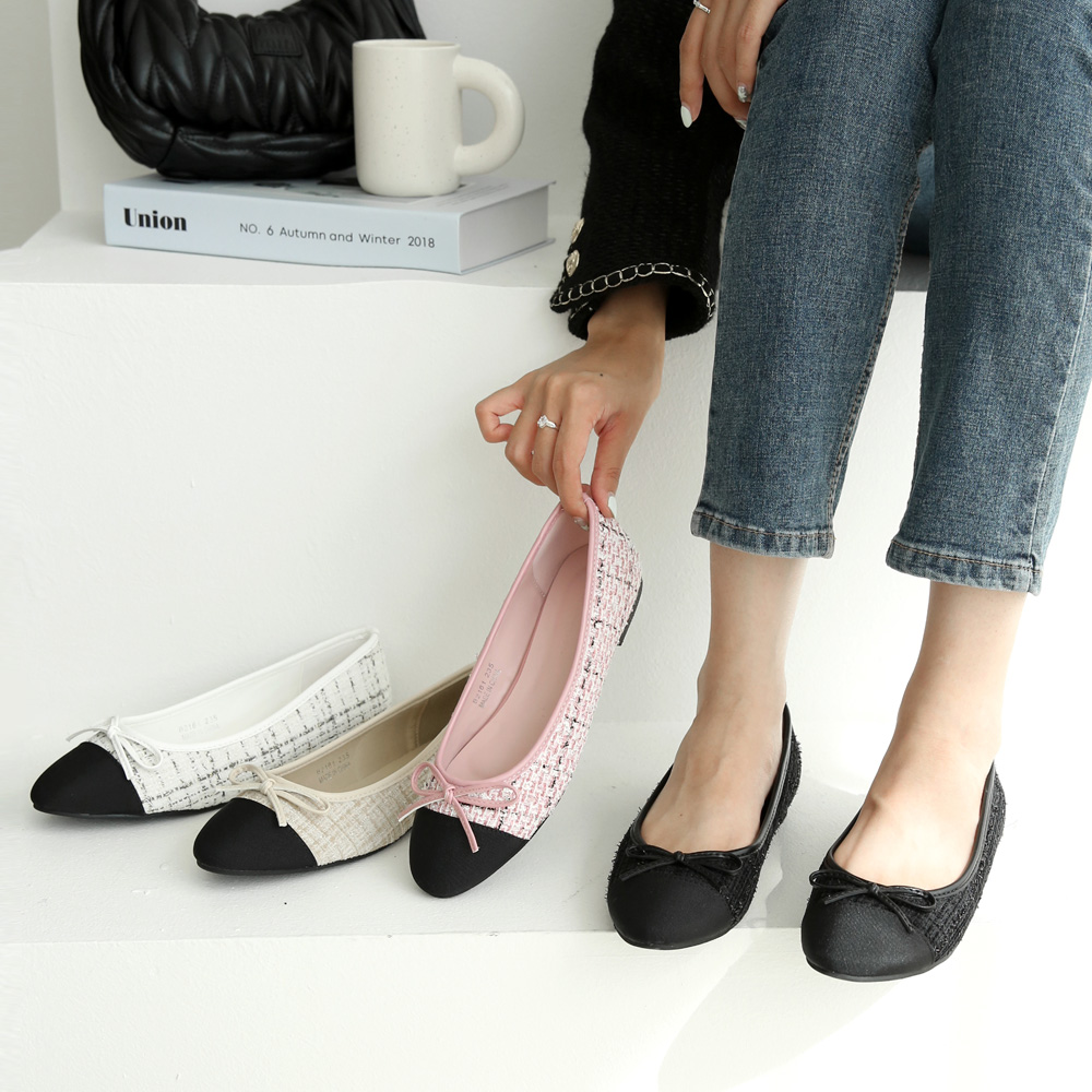 발편한 플랫슈즈 트위드 투톤 여성 리본플랫