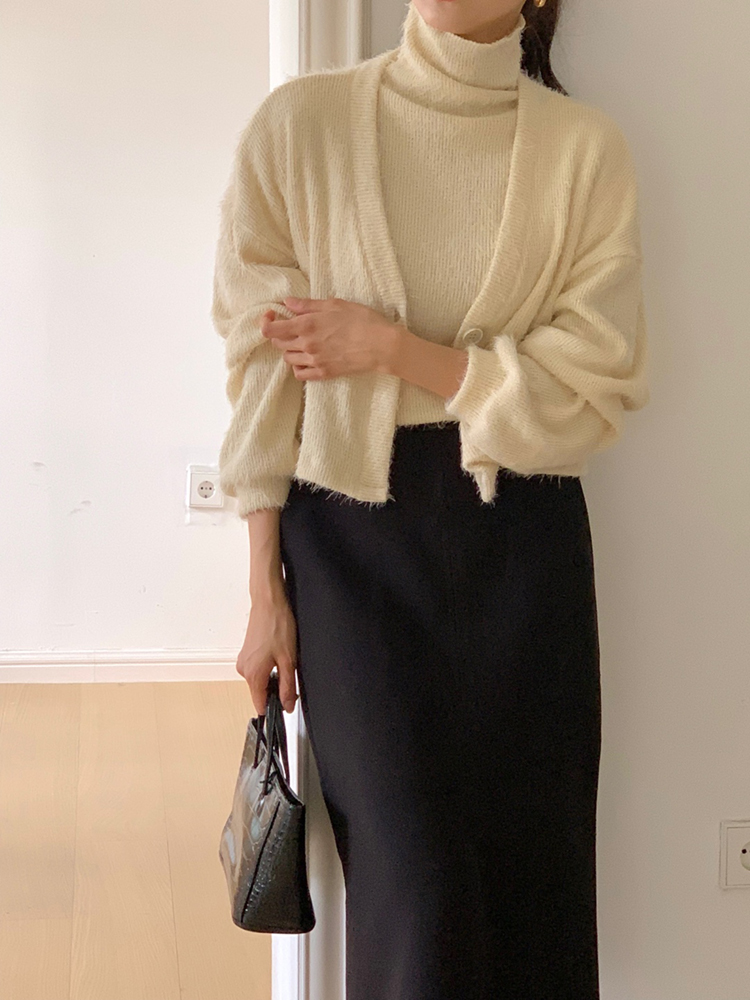 소프트 깃털 퍼 가디건 브이넥 가디건 여성 터틀넥 나시 가디건 세트 이미지 4