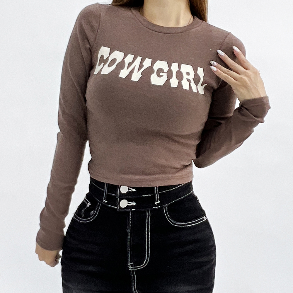 카우 키치 프린트 레터링 라운드넥 슬림핏 크롭 긴팔티셔츠 3color 이미지 1