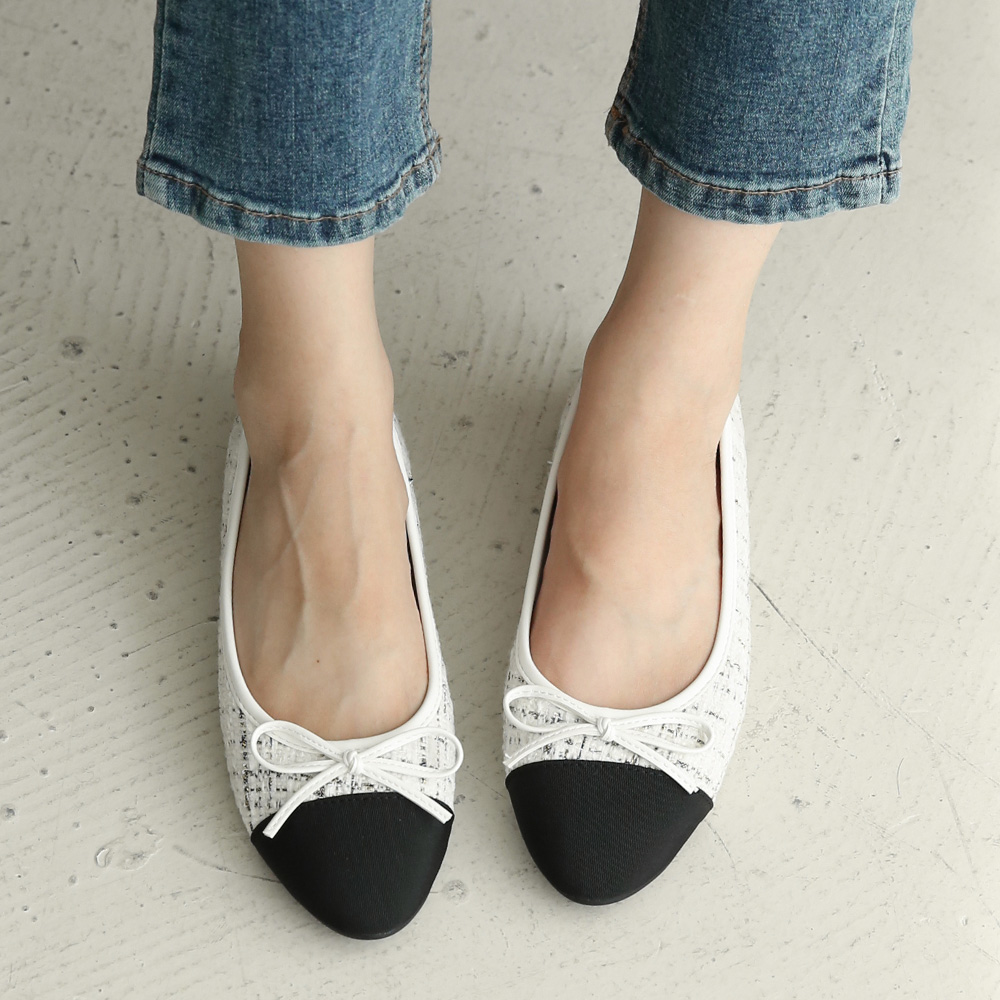 발편한 플랫슈즈 트위드 투톤 여성 리본플랫