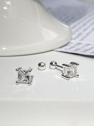 (무배/실버925) all silver 스퀘어 사각 큐빅 은피어싱 - 메인 이미지