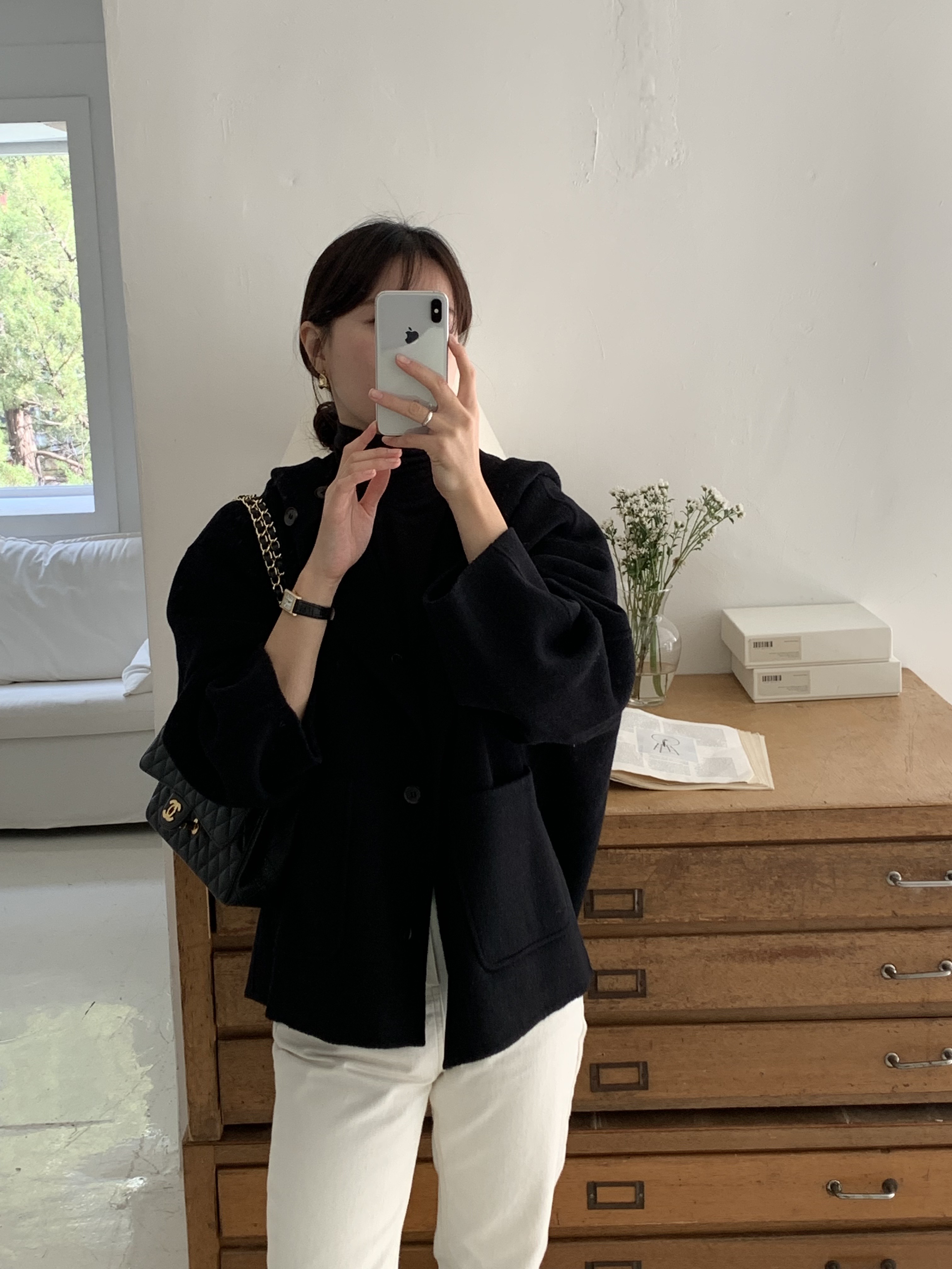 에글린 여성 겨울 핸드메이드 후드 루즈핏 하프 코트 이미지 3