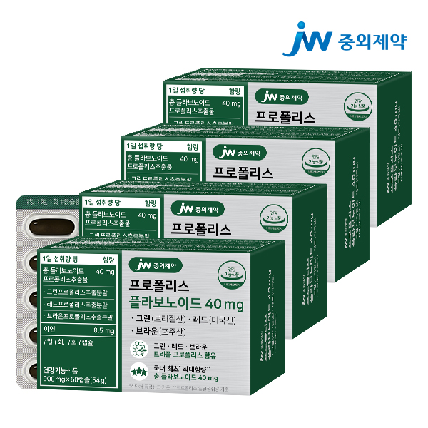 JW중외제약 프로폴리스 플라보노이드 40mg 그린 브라질산 레드 브라운 60캡슐, 4개