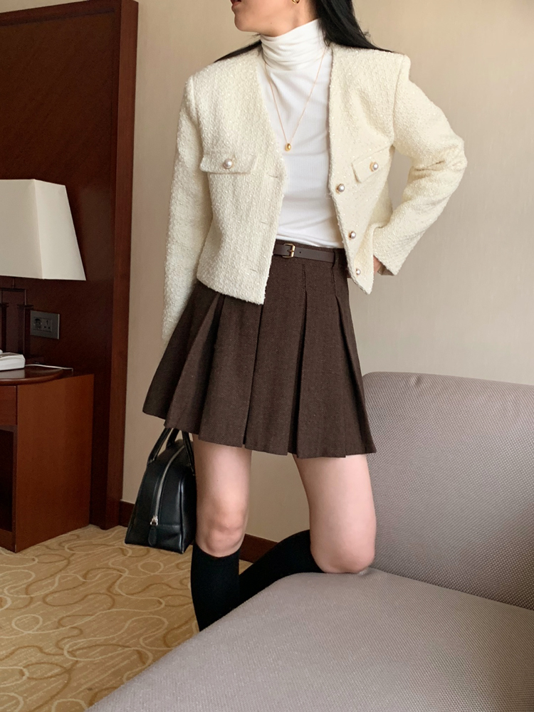 (벨트SET) 헤링본 플레어 미니스커트 A라인 테니스치마 핀턱 주름치마 가을 플리츠스커트 - 상세 이미지 5