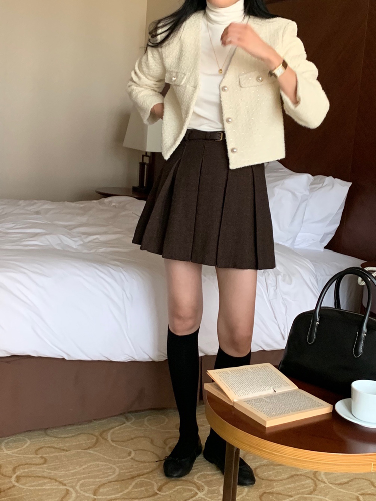 (벨트SET) 헤링본 플레어 미니스커트 A라인 테니스치마 핀턱 주름치마 가을 플리츠스커트 이미지 4