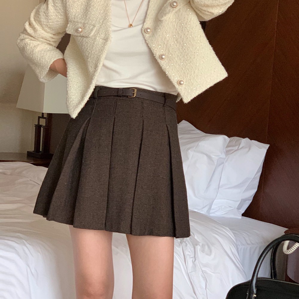 (벨트SET) 헤링본 플레어 미니스커트 A라인 테니스치마 핀턱 주름치마 가을 플리츠스커트