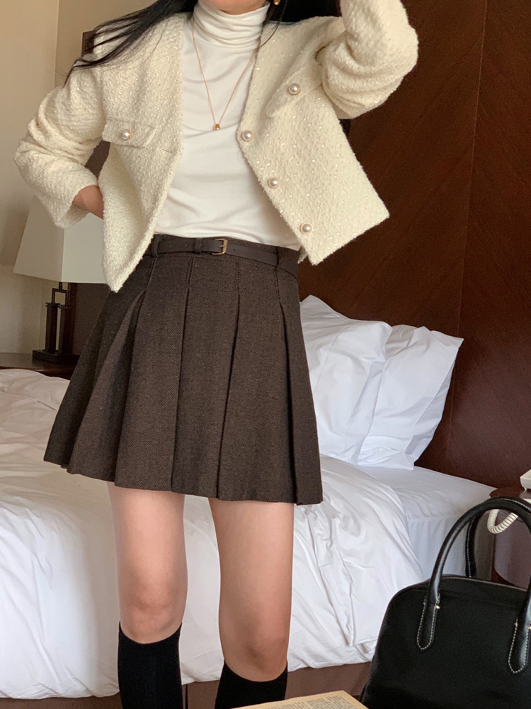 (벨트SET) 헤링본 플레어 미니스커트 A라인 테니스치마 핀턱 주름치마 가을 플리츠스커트 이미지 2