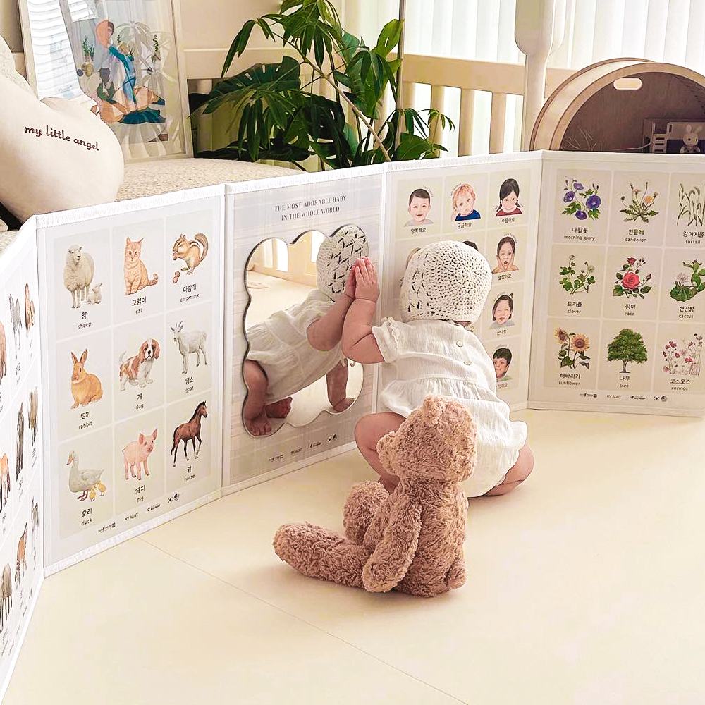 세이펜호환 아기병풍 쁘띠아코 완제품 신생아 터미타임 그린리프 5단 3mm 구름 거울 이미지 4