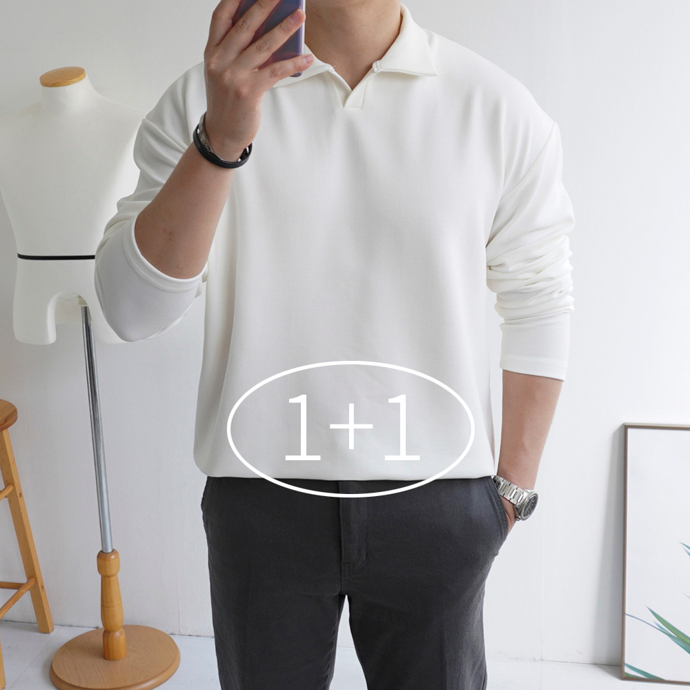 1+1 남자 오픈 카라 티셔츠 긴팔 루즈핏 오버핏 - 상품 이미지