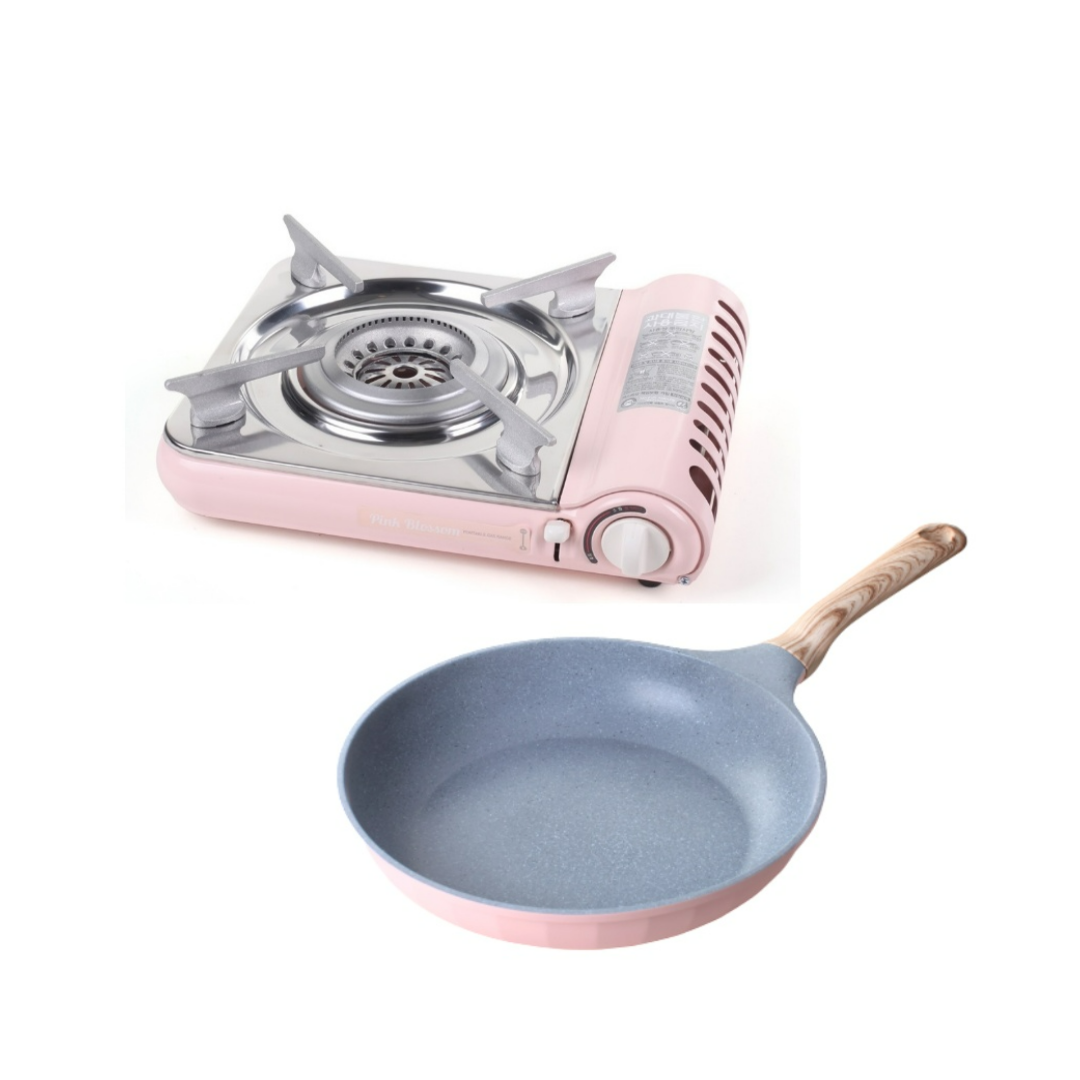 슬림 가스버너 후라이팬 26cm 핑크블로썸 2종 세트 휴대용버너 프라이팬