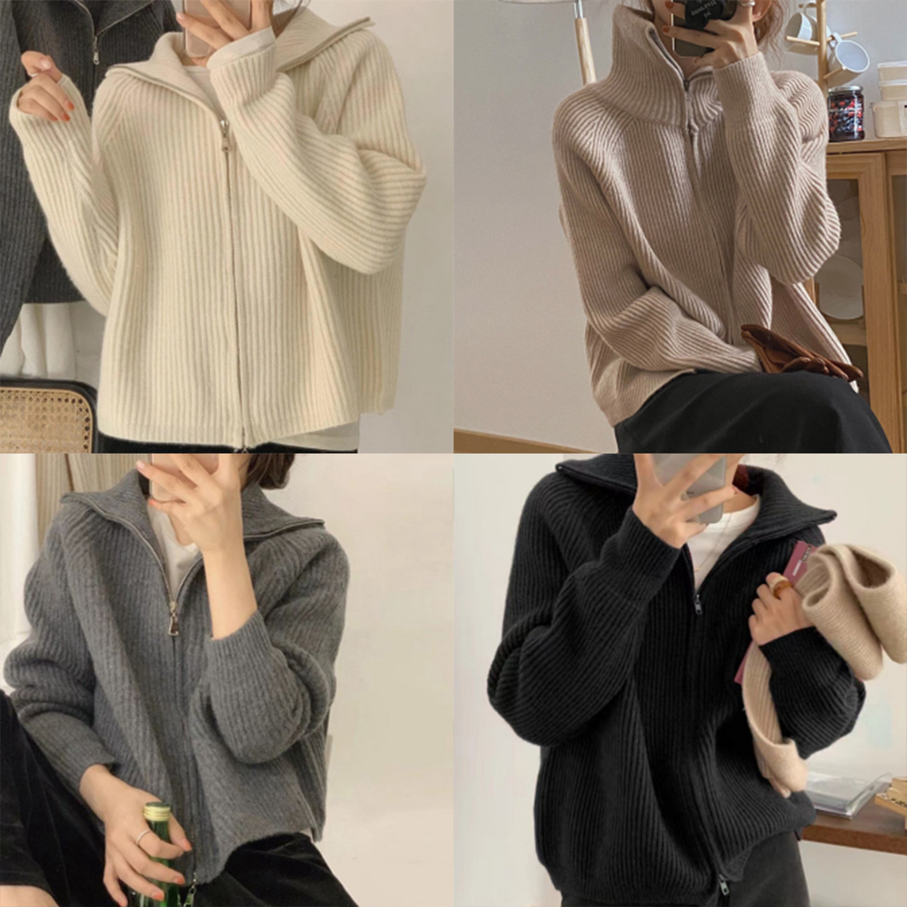 여자 니트 집업 봄 가을 겨울 여성 골지 간절기 지퍼 가디건 얇은 20대 캐쥬얼 카라 이미지