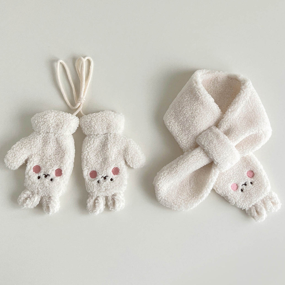 아동 유아 여아 키즈 남아 초등 학생 아이 어린이 겨울 방한 털 동물 장갑 목도리 세트 - 상세 이미지 5