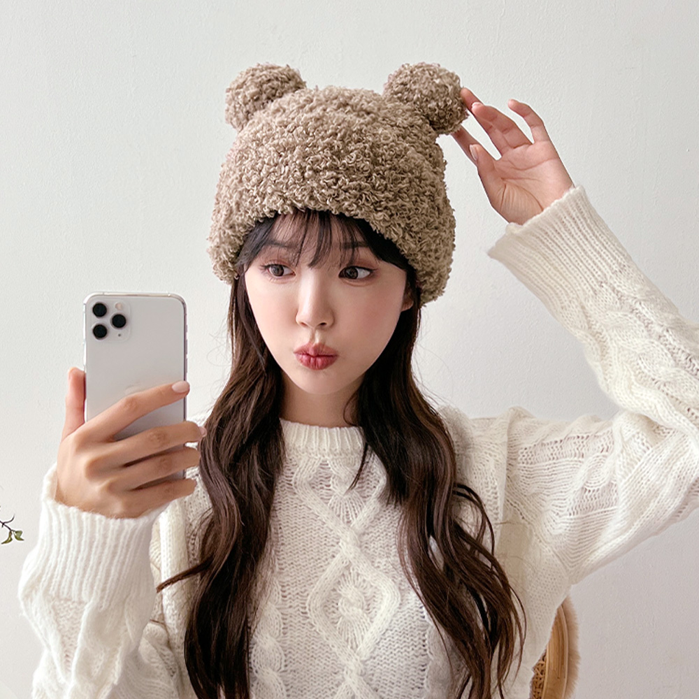 뽀글 양털 곰돌이 니트 비니 여성 겨울 귀여운 털 모자 이미지 7