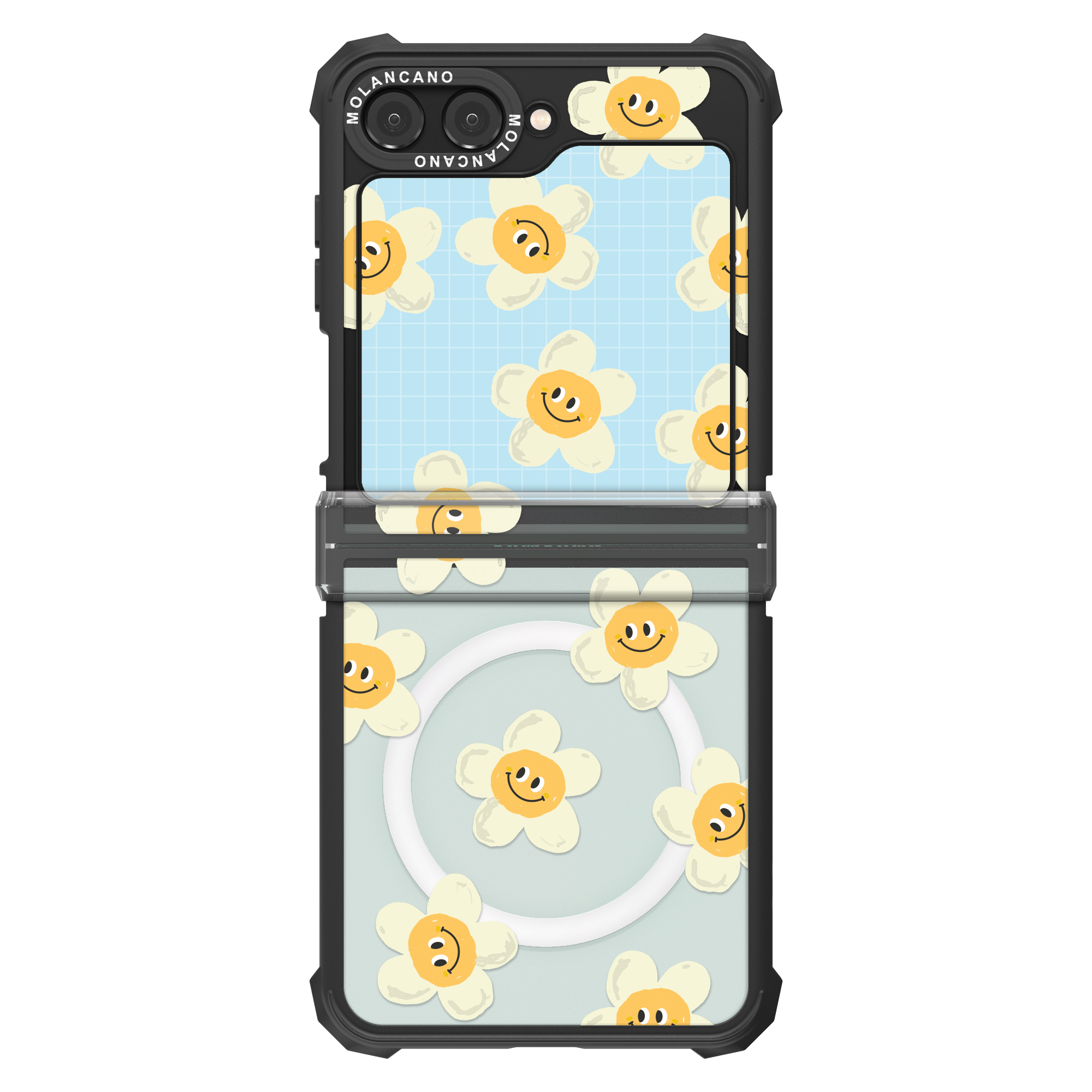 갤럭시 Z플립5 임팩트 스마일 하트 맥세이프 디자인 투명 범퍼 휴대폰 케이스 에그요크플라워