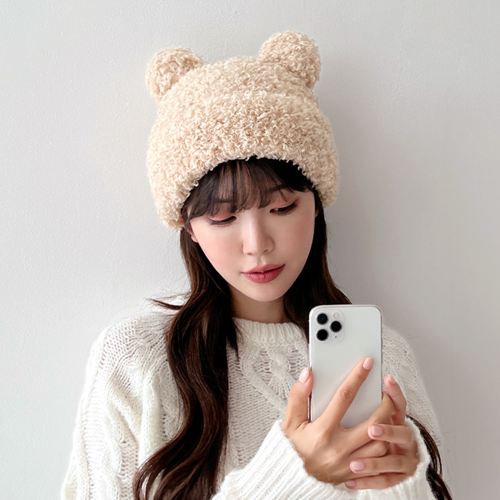 뽀글 양털 곰돌이 니트 비니 여성 겨울 귀여운 털 모자 이미지 6