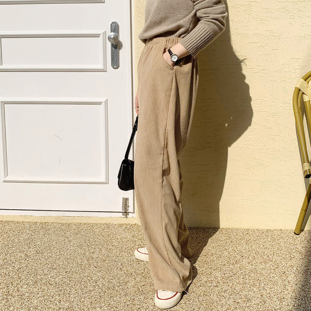 여성 코듀로이 팬츠 여자 겨울 바지 가을 밴딩 와이드 팬츠 골덴 통바지 베이지 검정 - 상세 이미지 2