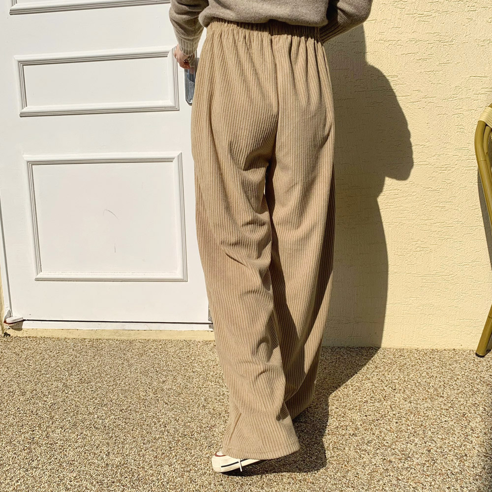 여성 코듀로이 팬츠 여자 겨울 바지 가을 밴딩 와이드 팬츠 골덴 통바지 베이지 검정 - 상세 이미지 3