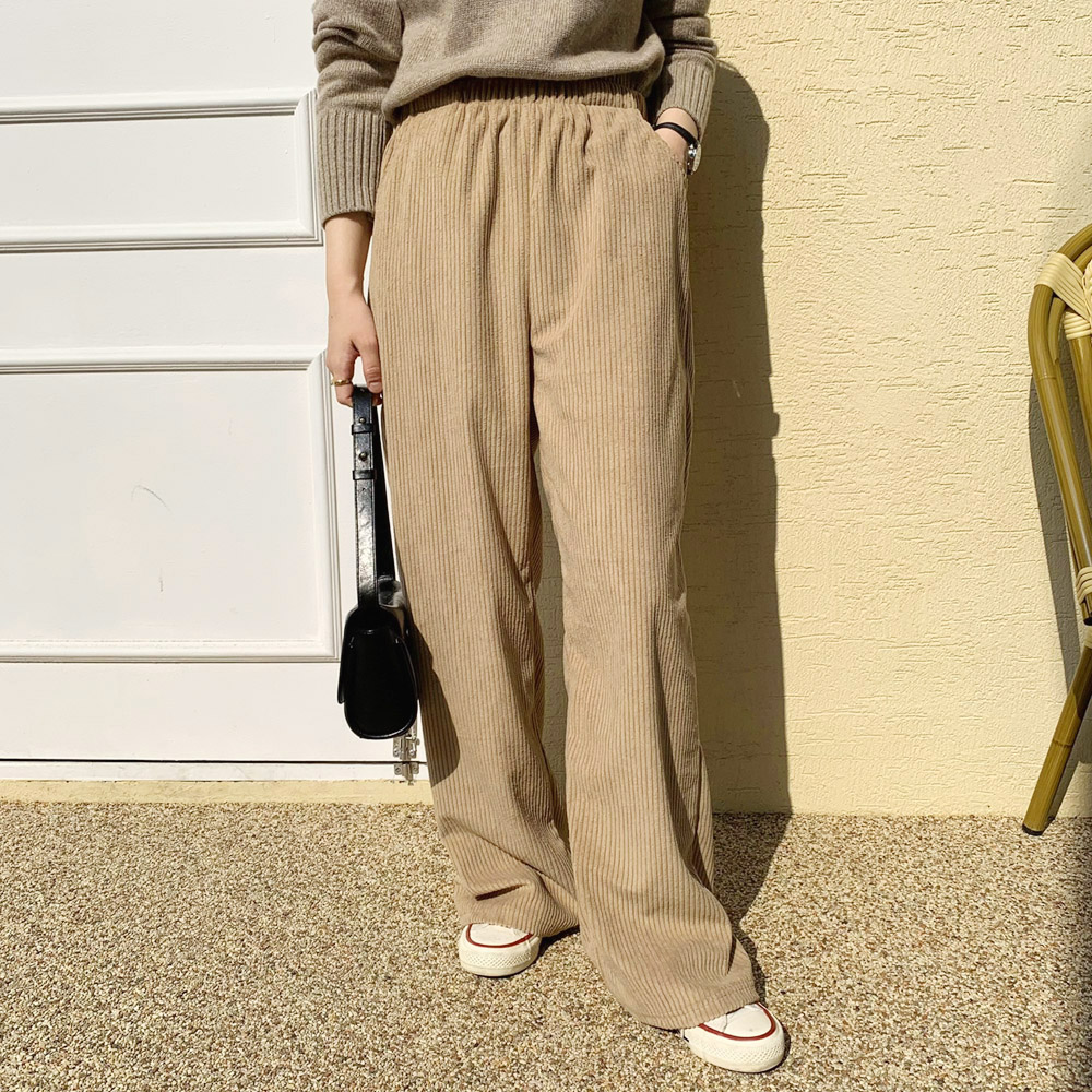 여성 코듀로이 팬츠 여자 겨울 바지 가을 밴딩 와이드 팬츠 골덴 통바지 베이지 검정 - 상품 이미지