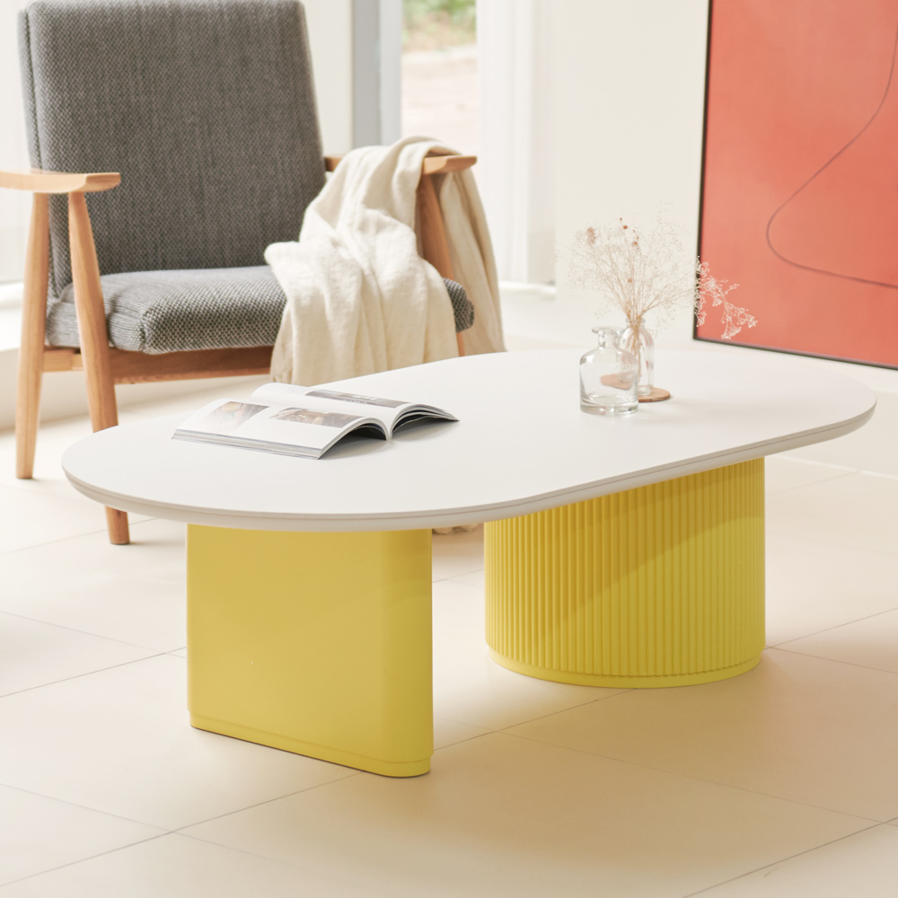 블랑드 밀크 세라믹 템바보드 거실 쇼파 테이블 양타원형 1300, 화이트