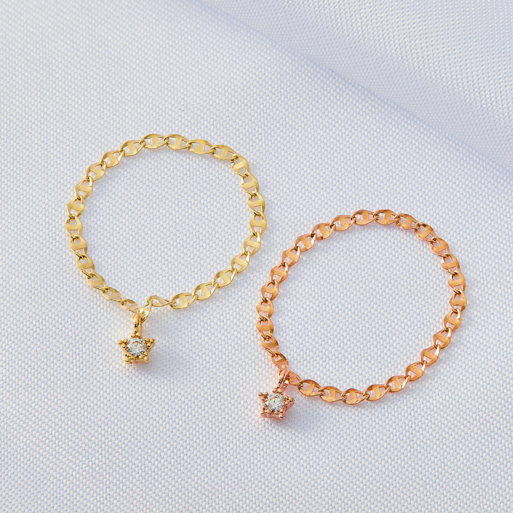 14K 리틀 스타 딸랑이 플랫 체인 금 반지