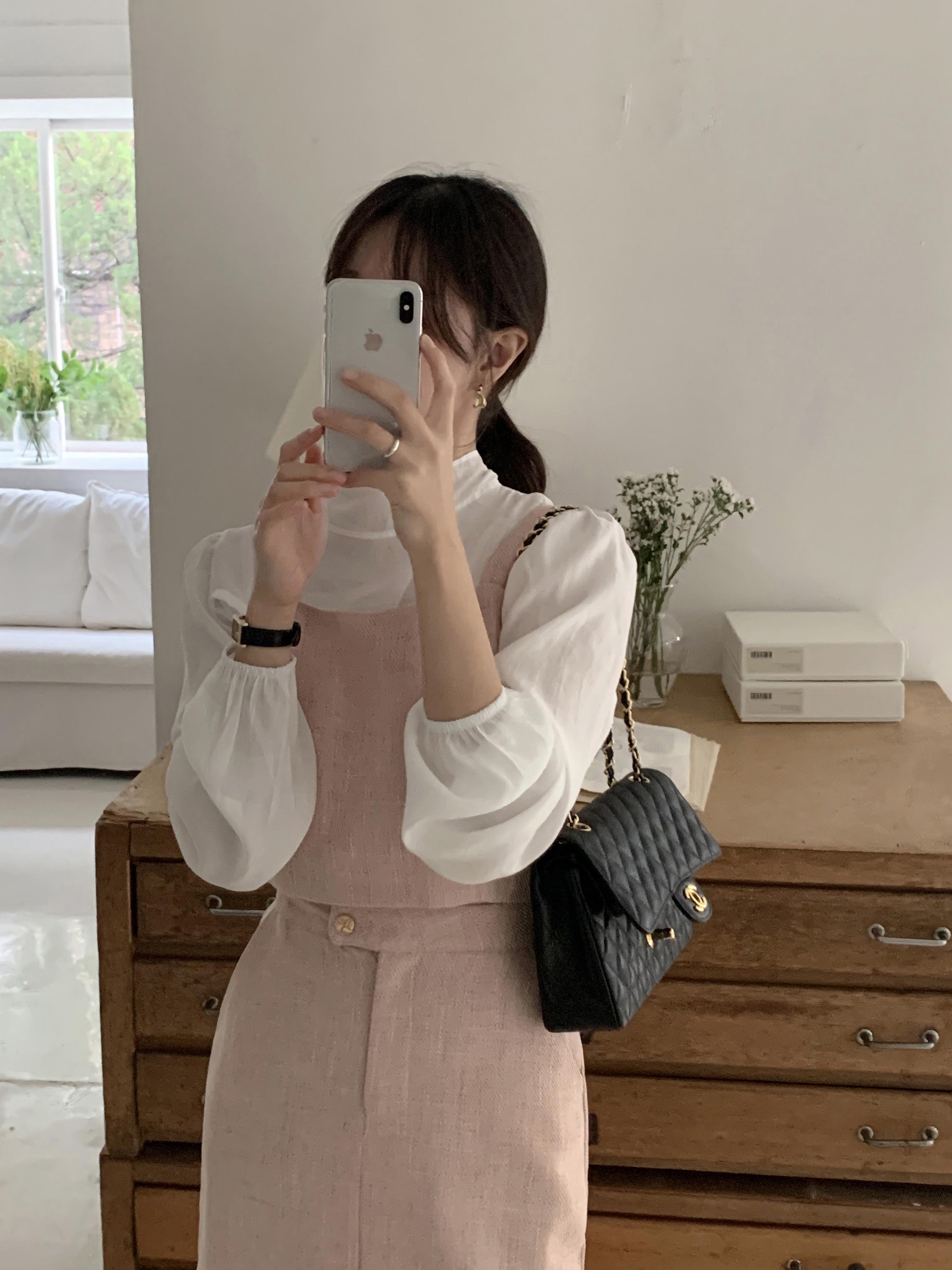 푸딩 트위드 뒷리본 슬리브리스 뷔스티에 투피스 세트 일자 H라인 하객룩 롱 원피스