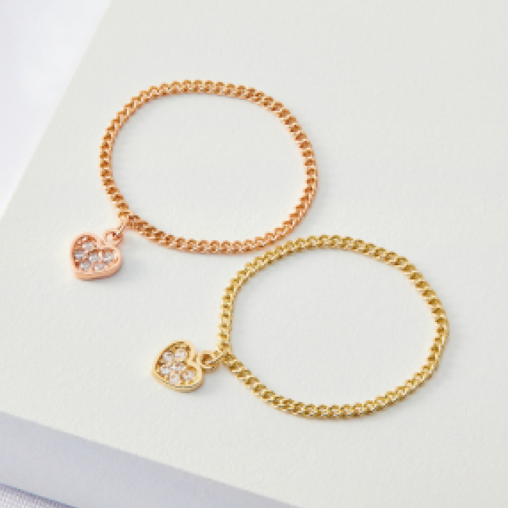 14K 큐티 하트 딸랑이 커브 체인 금 반지