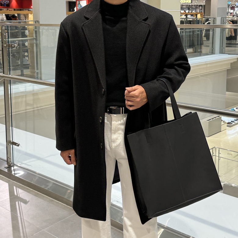 남자 배싯 오버핏 겨울 두꺼운 울 모직 싱글 롱 코트 이미지 3