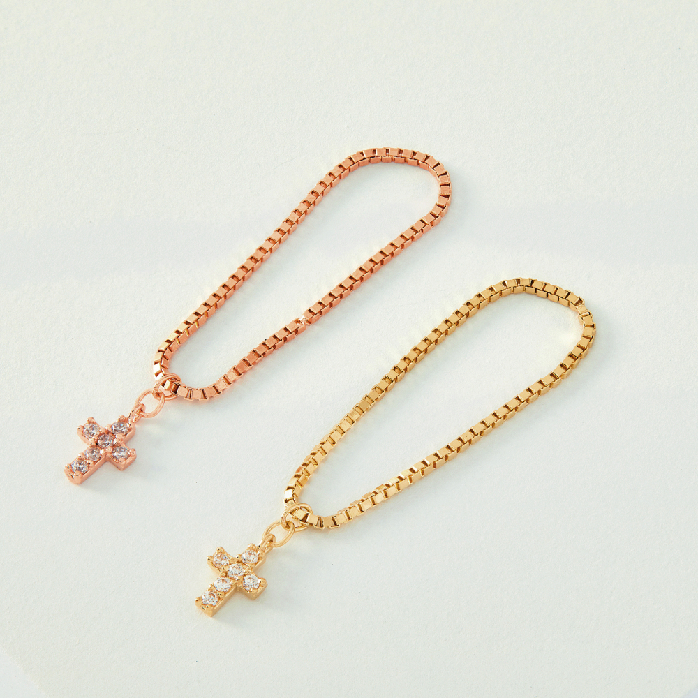 14K 십자가 딸랑이 박스 체인 금 반지