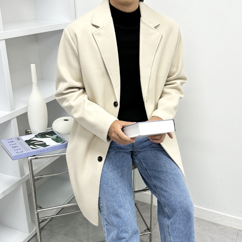 남자 배싯 오버핏 겨울 두꺼운 울 모직 싱글 롱 코트 이미지 4