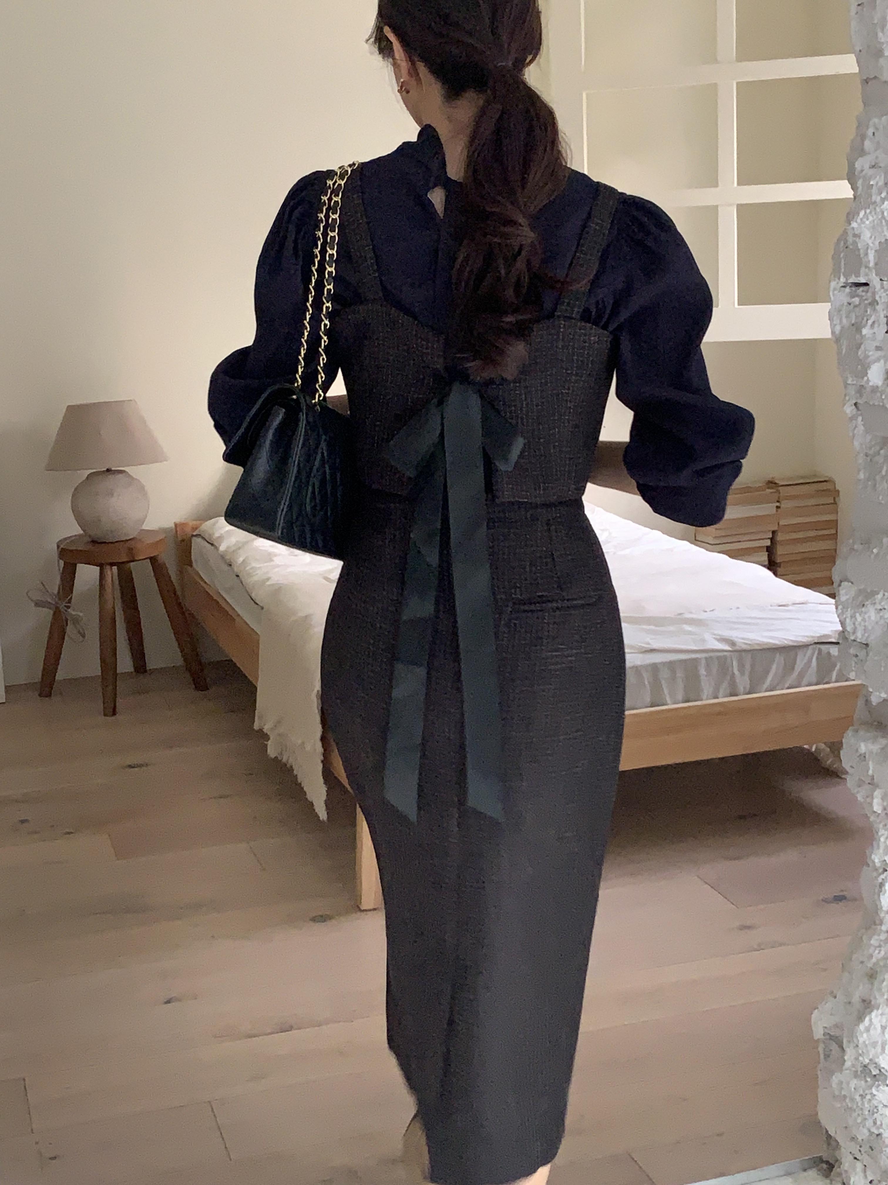 푸딩 트위드 뒷리본 슬리브리스 뷔스티에 투피스 세트 일자 H라인 하객룩 롱 원피스