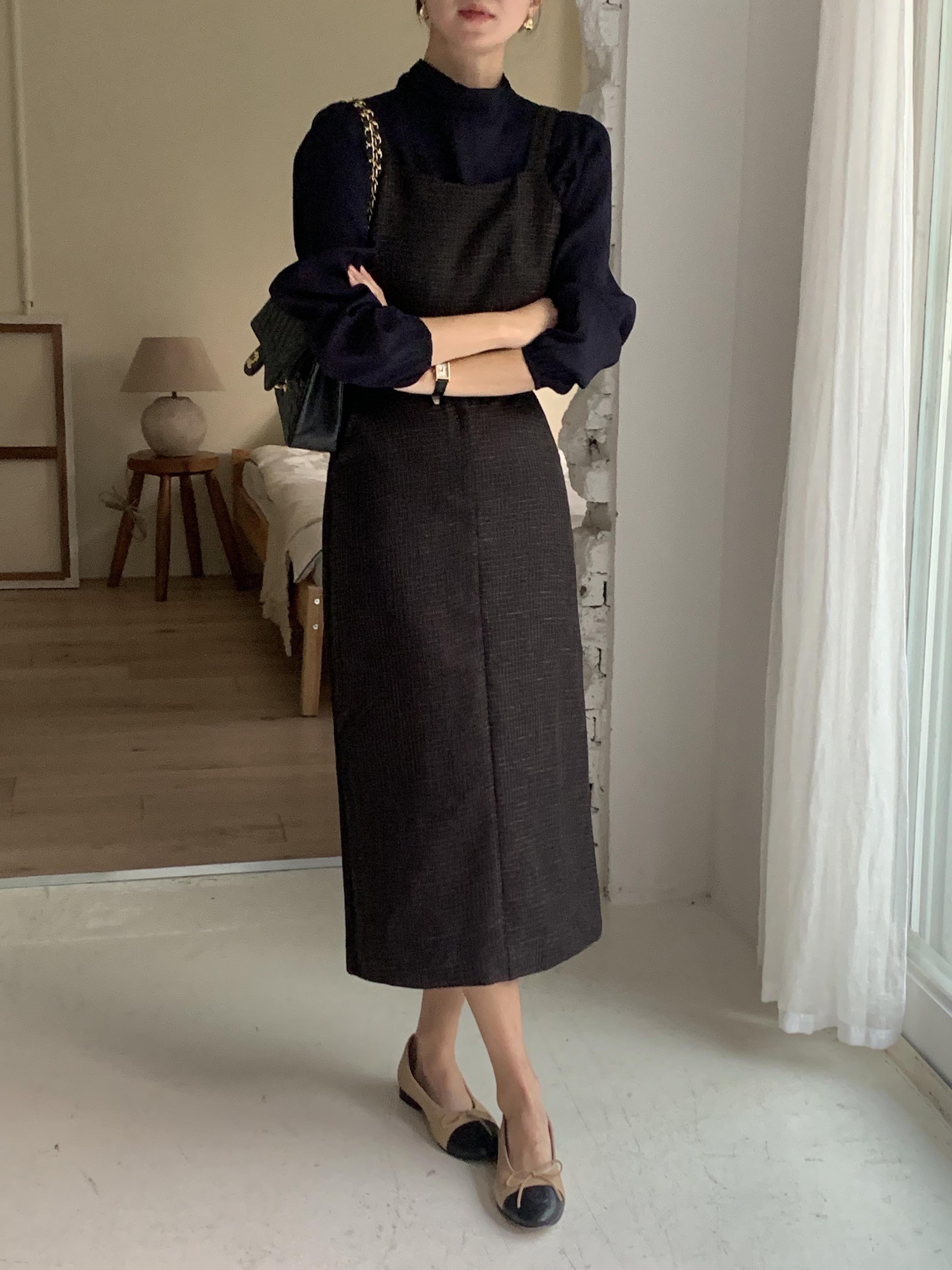 푸딩 트위드 뒷리본 슬리브리스 뷔스티에 투피스 세트 일자 H라인 하객룩 롱 원피스