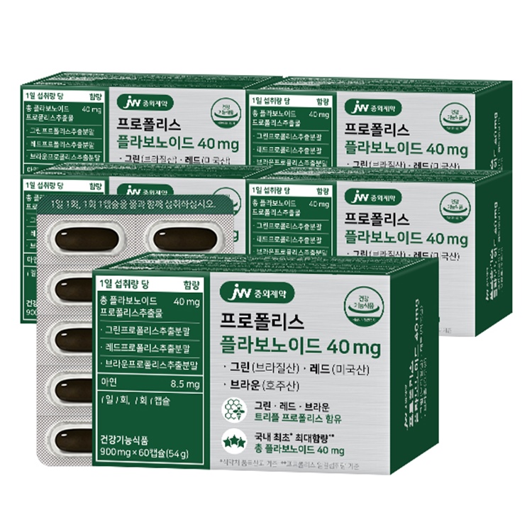 JW중외제약 프로폴리스 플라보노이드 40mg 그린 브라질산 레드 브라운 60캡슐, 5개