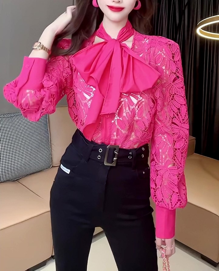 커튼자수 나뭇잎펀칭 도톰레이스 긴팔블라우스 겨울 왕리본 블라우스 퍼프소매 시스루 이미지