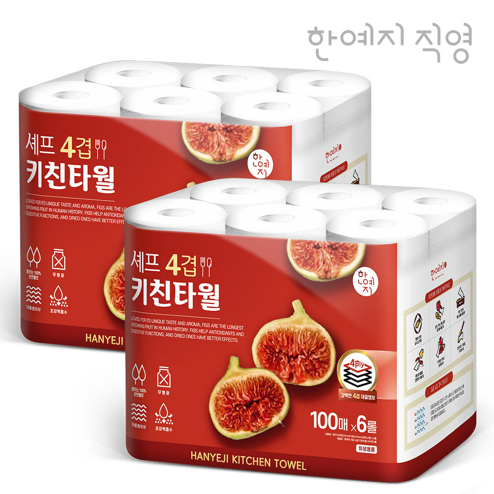 한예지 천연펄프 4겹 셰프 키친타올 100매 6롤 600매, 2팩