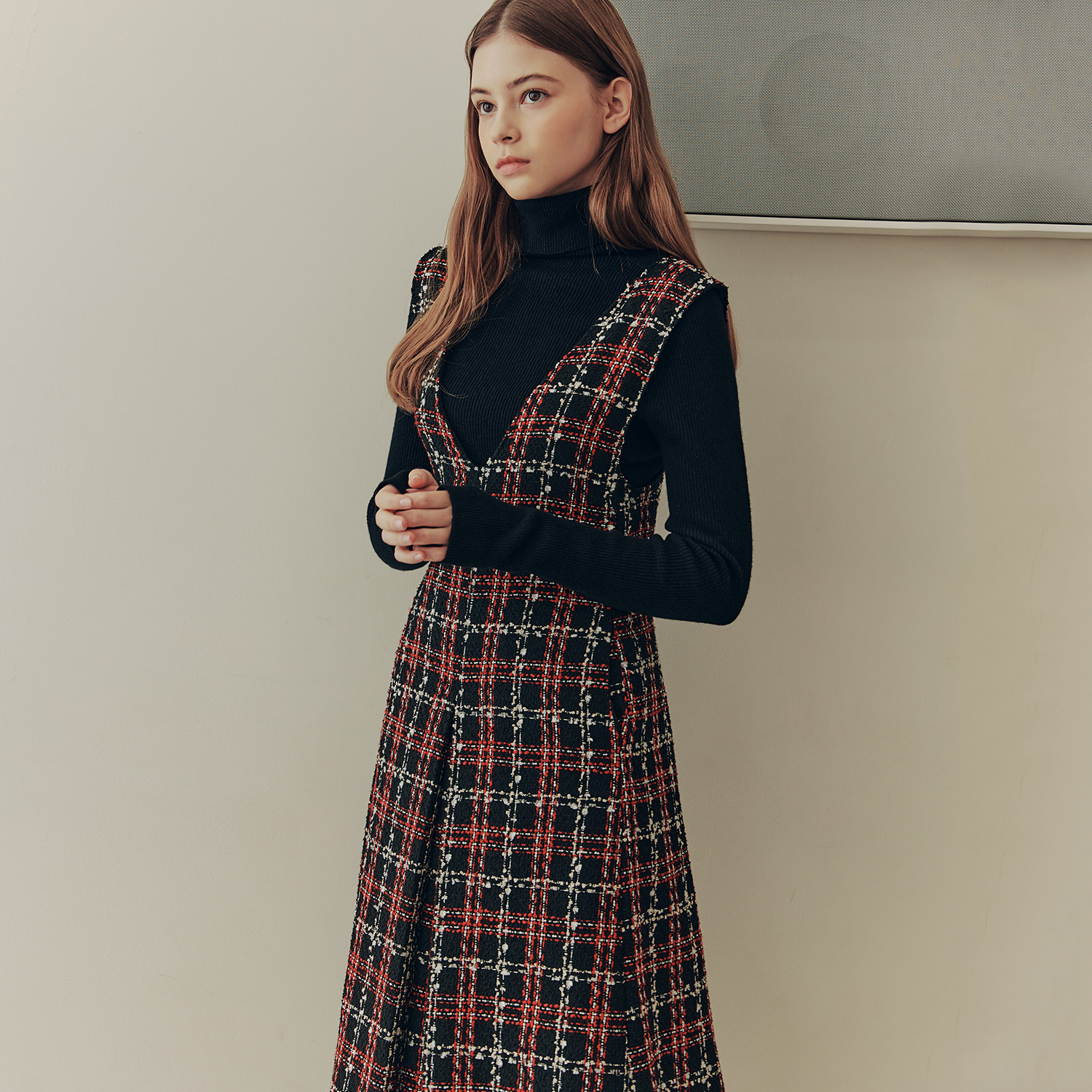 [제로스트릿]브이넥 핀턱 트위드 원피스 V-NECK PINTUCK TWEED ONEPIECE / RED - 상품 이미지