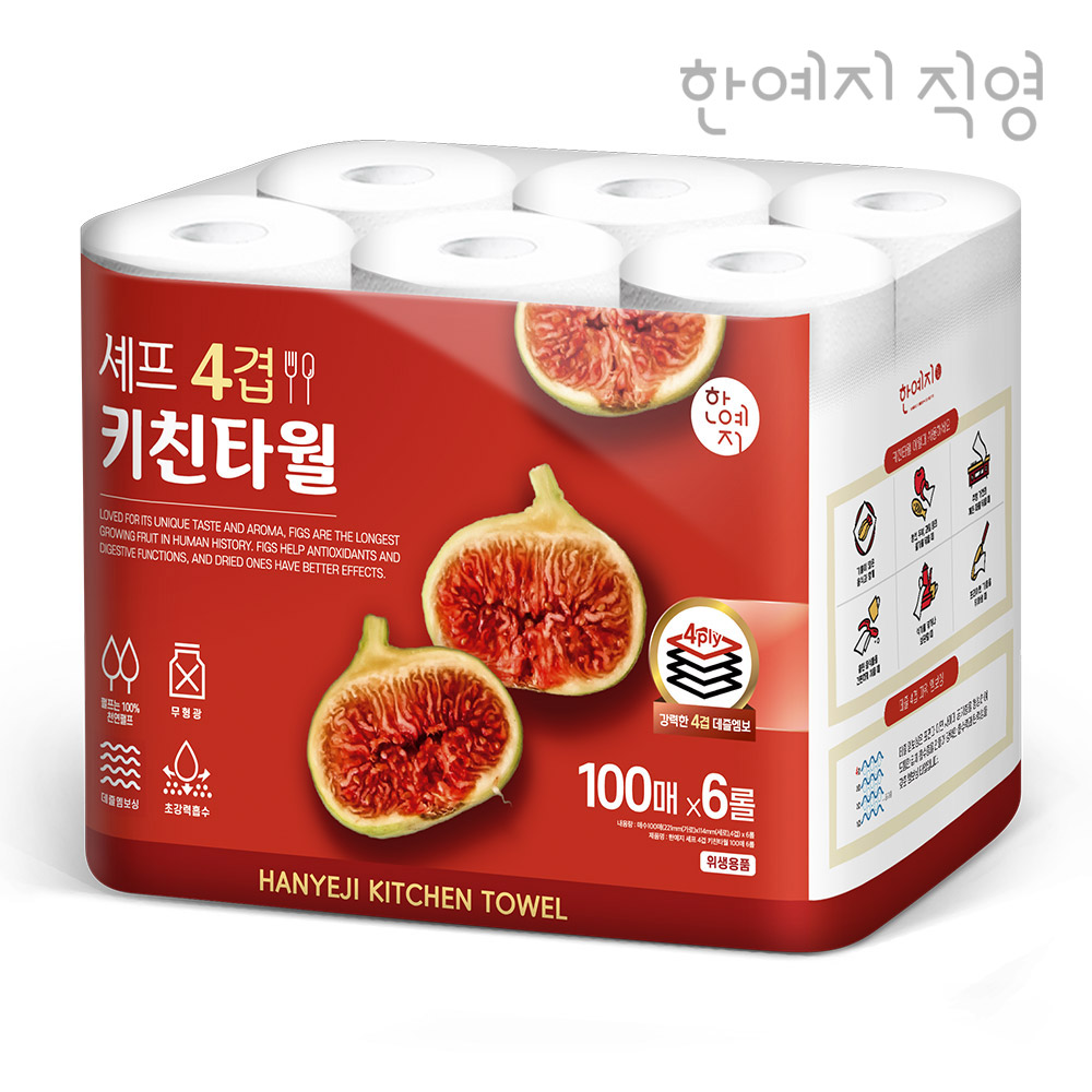 한예지 천연펄프 4겹 셰프 키친타올 100매 6롤 600매, 1팩