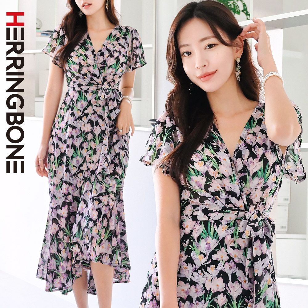 헤링본 머메이드 플라워 여름 롱 원피스 바캉스 반팔 프릴 바캉스 휴양지 비치웨어 HG144 : 헤링본