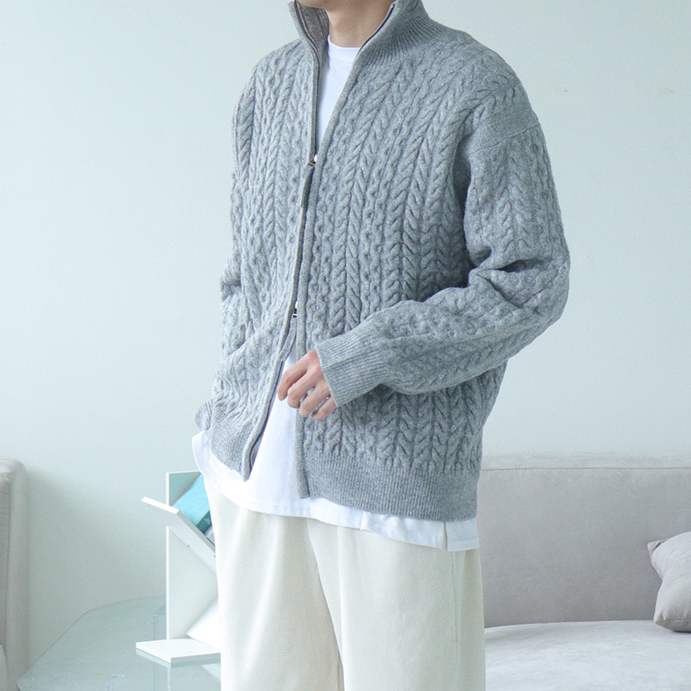 남자꽈배기캐시미어니트 오버핏 두꺼운 투웨이 집업 가디건