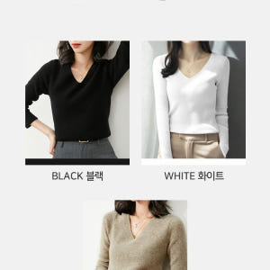 여성용 가을 겨울 브이넥 니트 긴팔 티셔츠 블랙 카키 화이트 착용 후기 | 사이즈/핏 총정리 - 상품 이미지 4