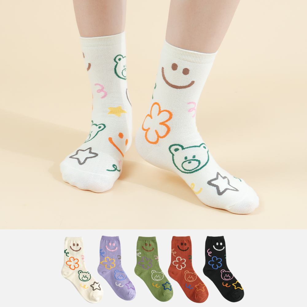 삭피엔스 여자 패션양말 라인드로잉 베어 5color 이미지