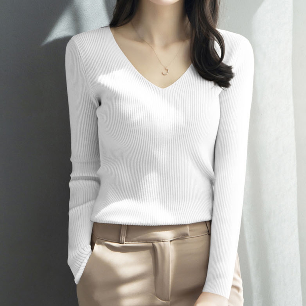 여성용 가을 겨울 브이넥 니트 긴팔 티셔츠 블랙 카키 화이트