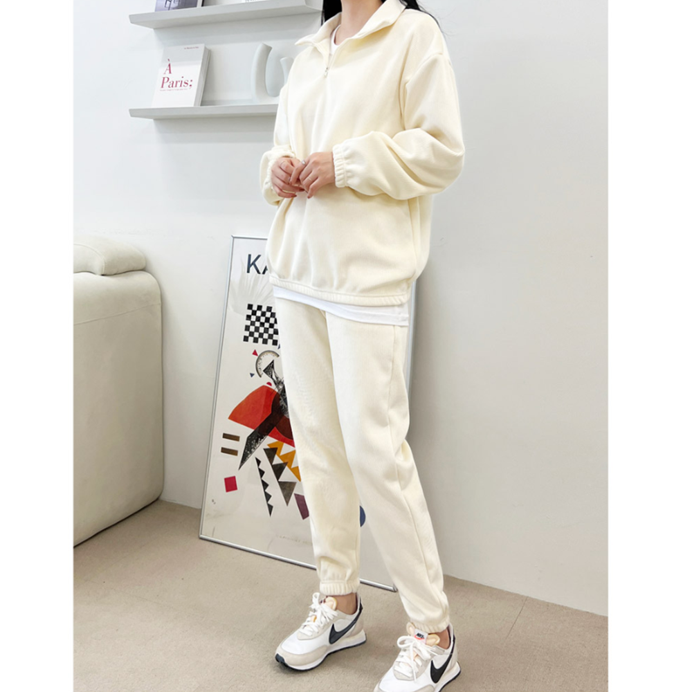 아이보리색바지 기모 겨울 코듀로이 기모 흰 조거 조커 팬츠 - 상세 이미지 4