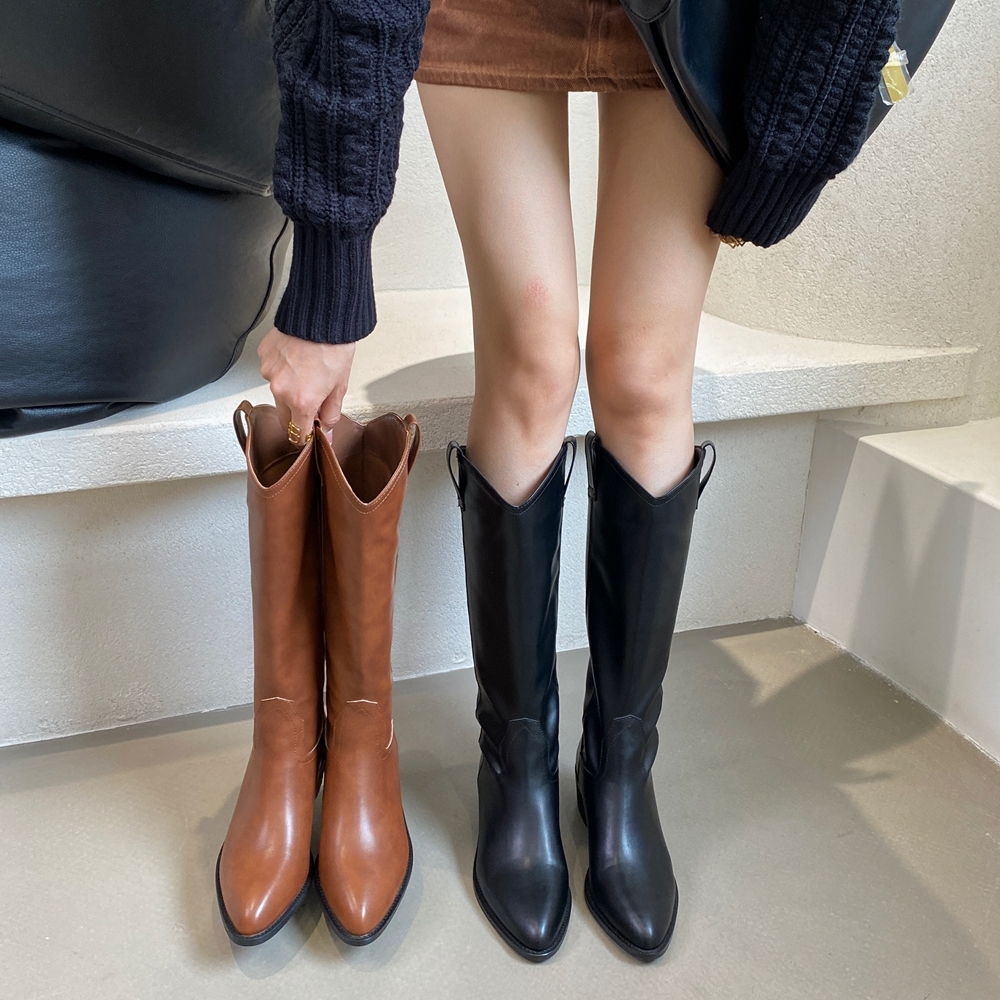 웨스턴 롱부츠 통넓은 가죽 스틸레토 4.5cm - 상품 이미지