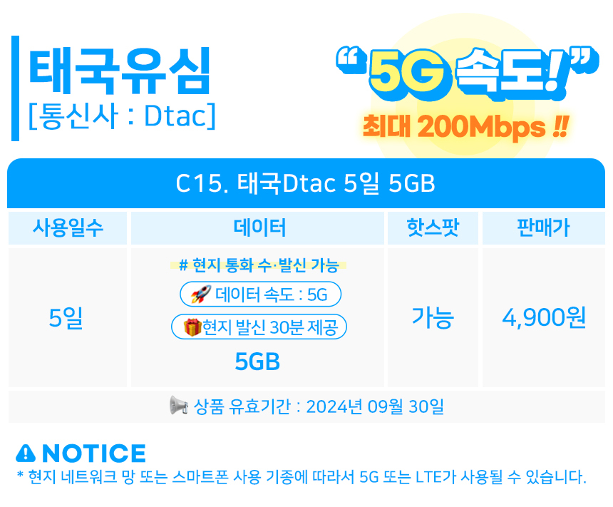 태국유심 방콕 치앙마이 푸켓 5G Dtac 4일 무제한 유심칩 로밍전화 이미지 7