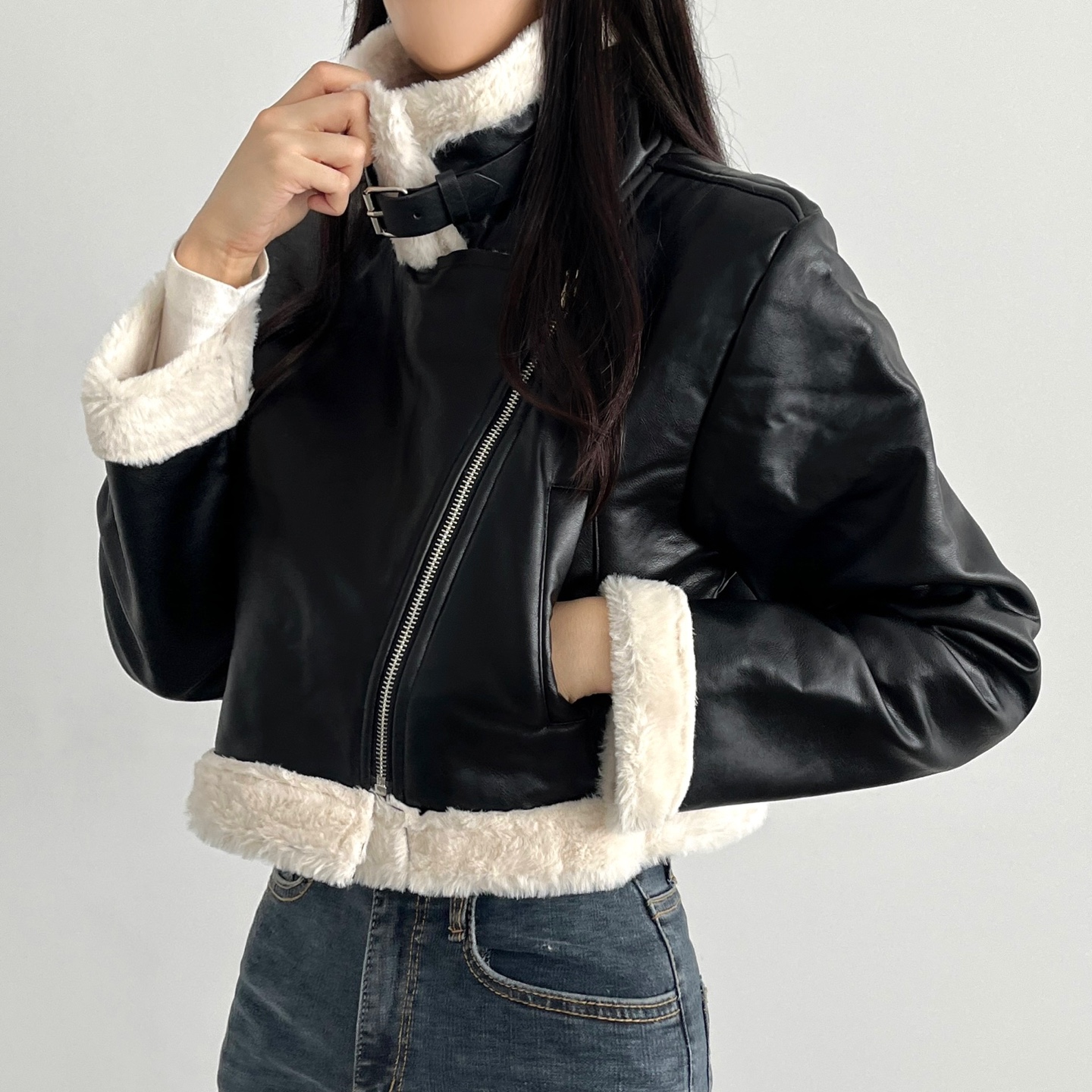 유니크 크롭 밍크 레더 무스탕 라이더자켓 버클무스탕 카라무스탕